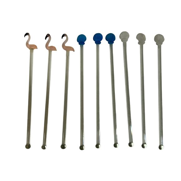 Set of 9 Hand Blown Glass Swizzle Sticks Cocktails Beach Flamingo Seashell Vntg - Picture 1 of 7